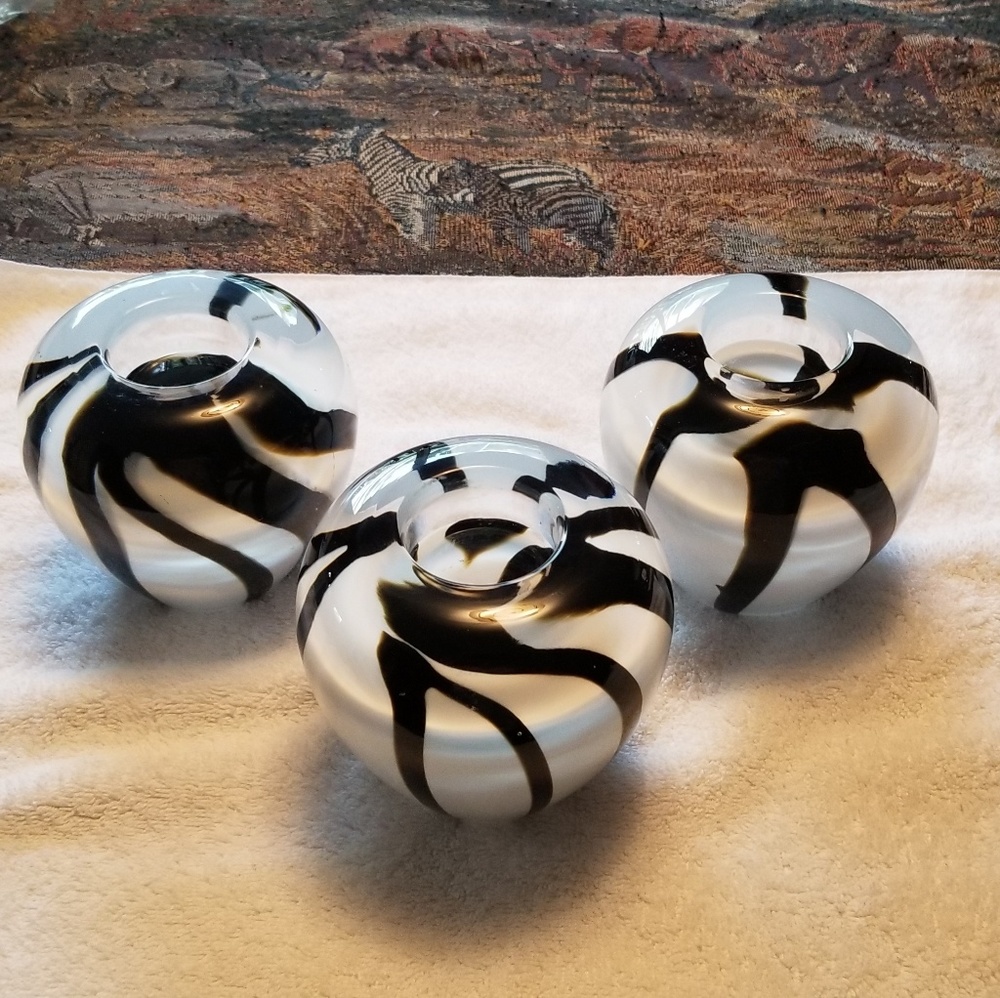 Vintage 3 Hand Blown Glass, Zebra pattern candle holders